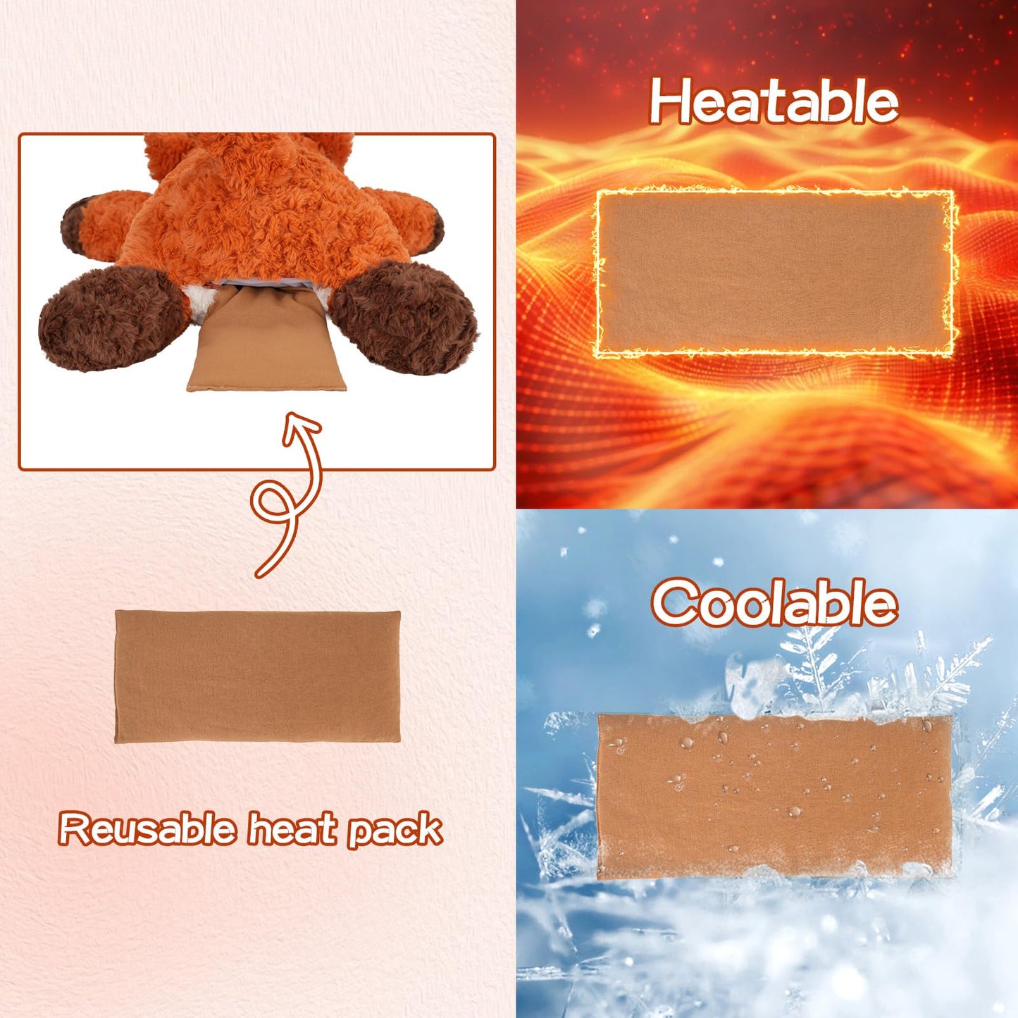 GILFWM 25" 5 Lbs Weighted Stuffed Animals Fox, Heatable and Coolable Weighted Plush with Microwavable Heating Pad,Removable Soft Washable Cute Plushie Pillow Toy Gifts for Adults and Kids