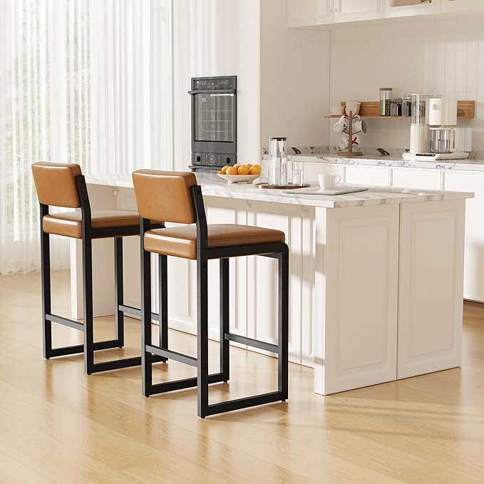 Bar Stools Set of 5, Faux Leather Counter Height Bar Stools with High Back and Metal Legs, Upholstered Bar Chairs, 26" Modern Barstools for Kitchen Island, Caramel