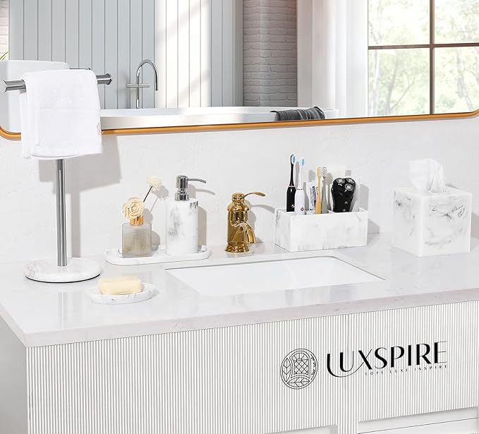 Luxspire Resin Toothbrush Holder, 5 Slots Hygienic Handmade Toothbrush Storage Stand Dispenser Bathroom Organizer Set for Toothpaste, Razor - Ink White