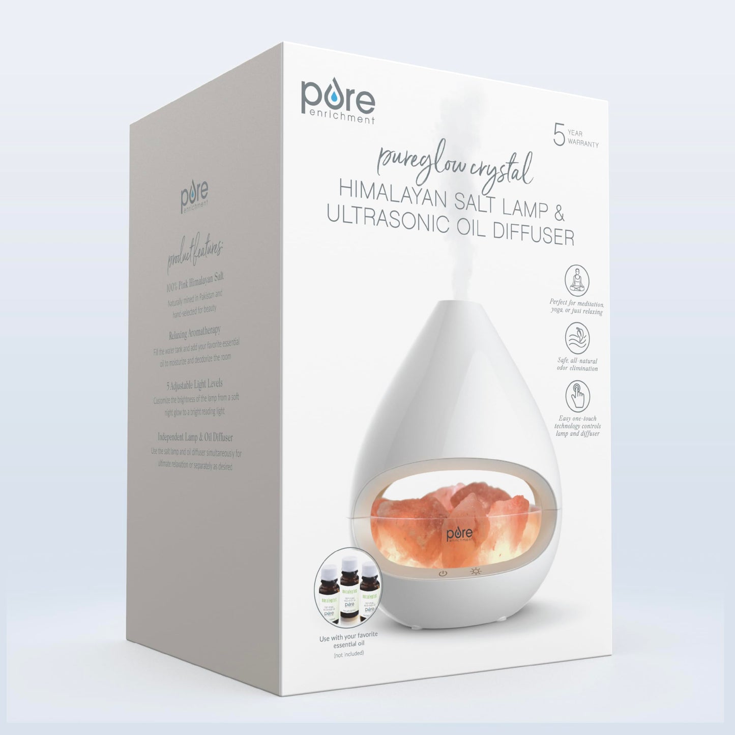 Pure Enrichment PureGlow Crystal - 2-in-1 Himalayan Salt Lamp & Ultrasonic Essential Oil Diffuser, Original Salt Therapy Lamp, 100% Pure Himalayan Salt, Ambient Glow, 160 mL 16-Hour Tank (White)