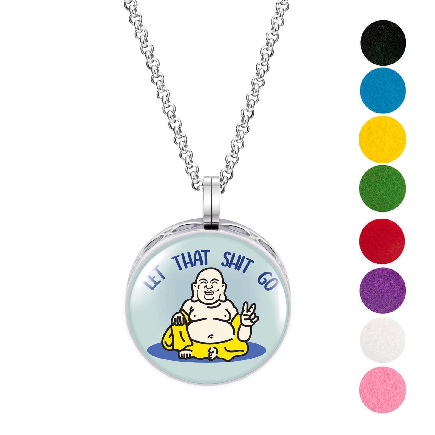 Wild Essentials Let it Go Buddha Enamel Finish Essential Oil Diffuser Necklace Gift Set - includes Aromatherapy Pendant, 24" Stainless Steel Chain, 8 Color Refill Pads