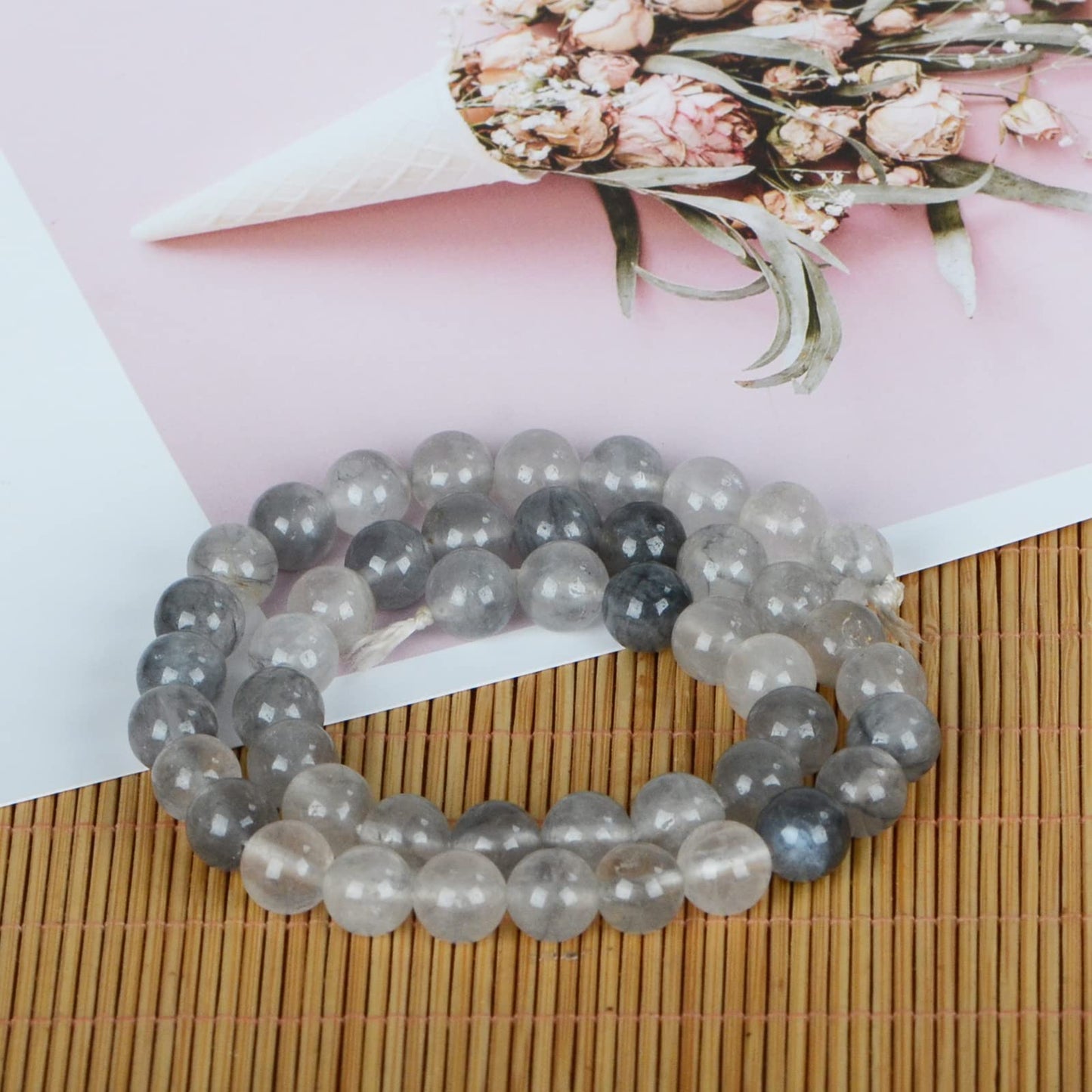 ICAI Beads(Cloudy Quartz Crystals) Natural Stone Gemstone Round Loose Beads Crystal Energy Stone Healing Power for Jewelry Making DIY,1 Strand 46-48pcs(8mm)
