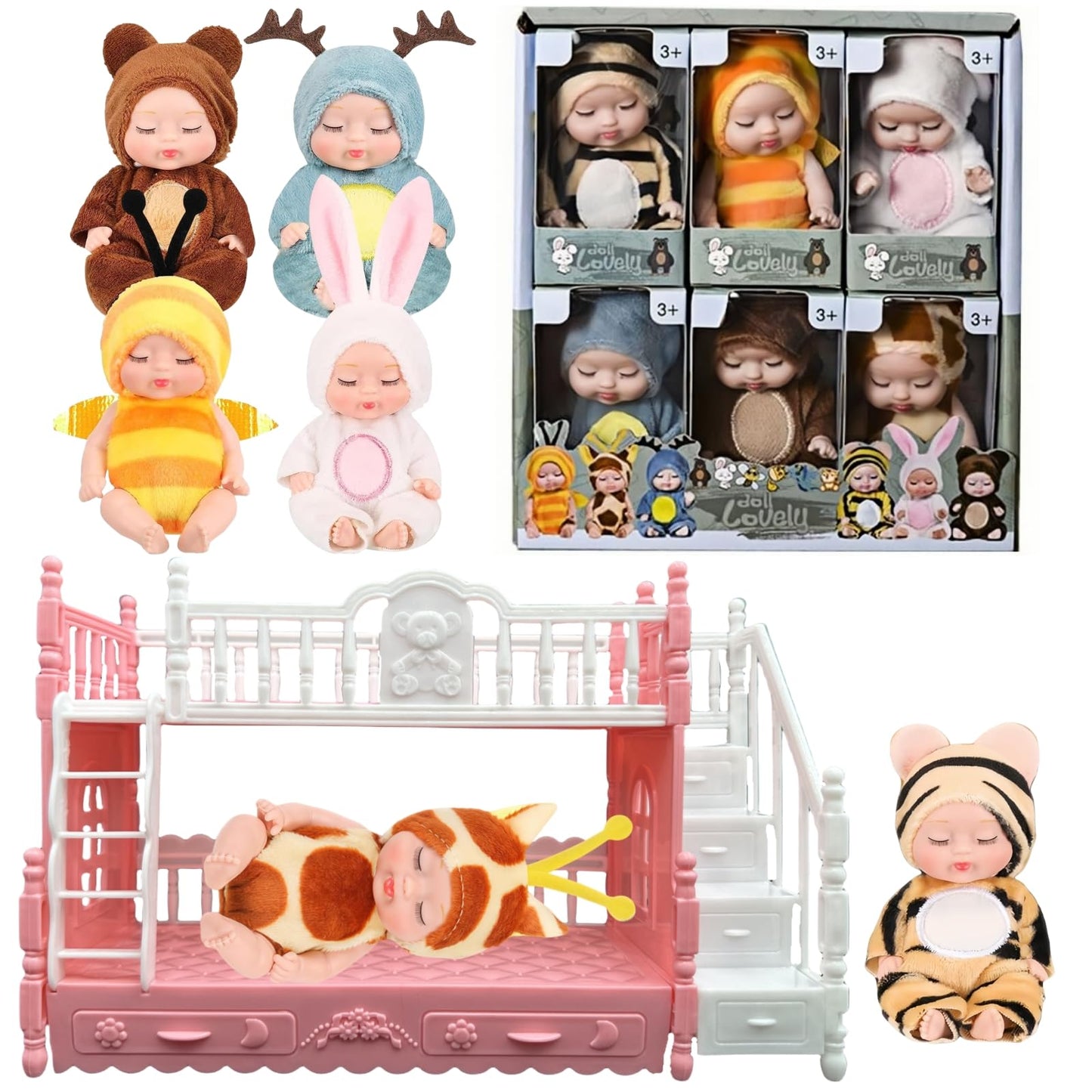 Xadothat 6 Pcs Mini Baby Dolls Set 4 Inch Small Baby Dolls with Animal Clothes and Bunk Bed Toys (Dolls A)