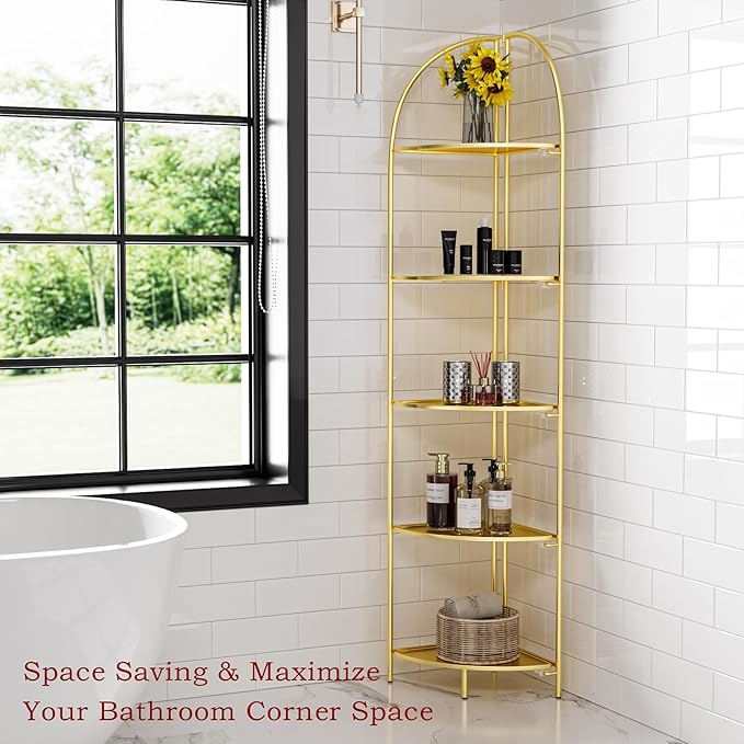 Crofy Foldable 5 Tier Corner Shelf, Metal Corner Plant Stand with Gold Frame and Gold Shelves, Corner Display Rack Multipurpose Shelving Unit for Living Room, Bedroom, Bathroom