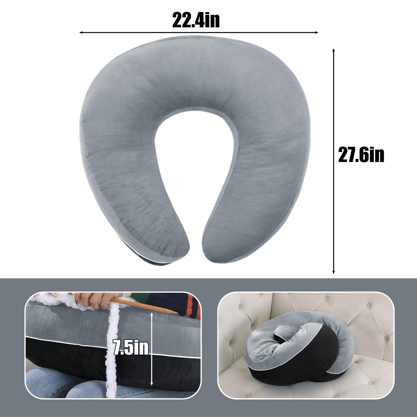 HOMBYS Crochet Pillow for Lap Support,Gaming Pillow for Lap,Lap Pillow for Reading & Crocheting,Soft Lap Desk Pillow,Reading Pillow,Crochet Pillow for Lap Support,Arm Pillows for Adults,Black/Grey