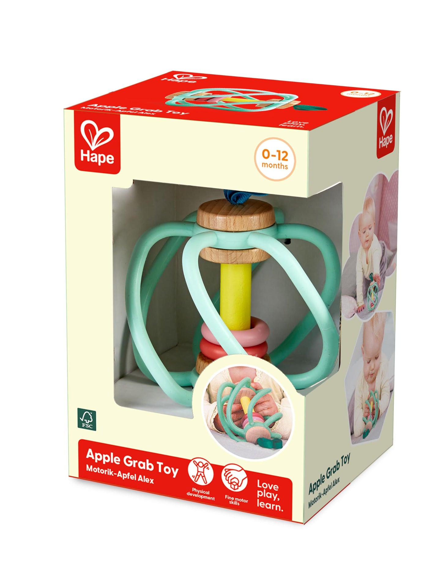 Hape Apple Grab Toy - Silicone & Wood Baby Rattle & Teether – Sensory Development Toy with Gentle Sound, Soft Chewable Rings, Easy Attachment for Crib & Stroller – for Babies 0-18 Months