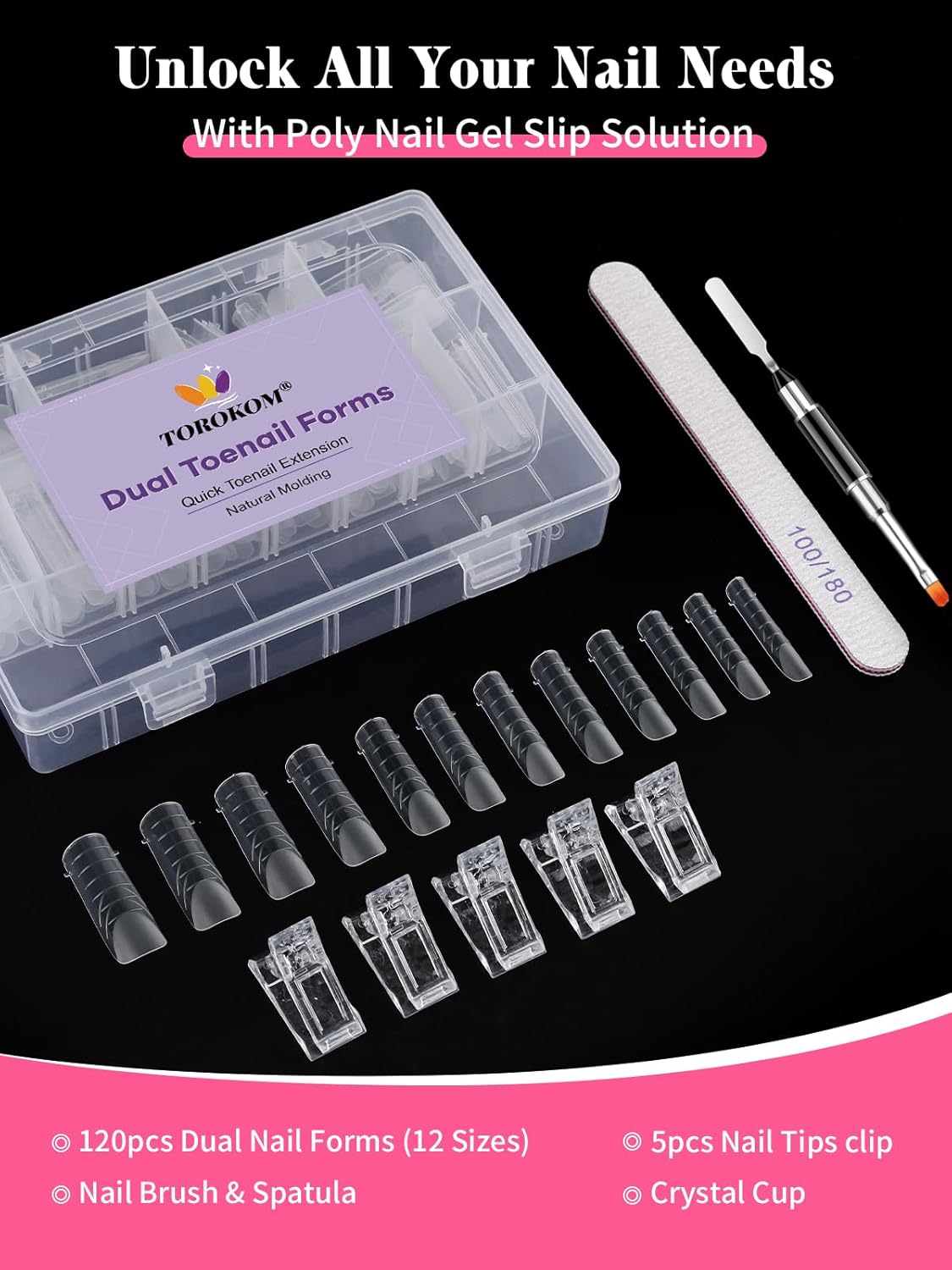 TOROKOM Poly Gel Toe Nail Form Set, Reusable Toenails Dual Forms for Nail Extensions, Poly Gel Toe Nail Tips with Dual-Ended Brush and Nail File, 5PCS Clips - 12 Sizes 120PCS