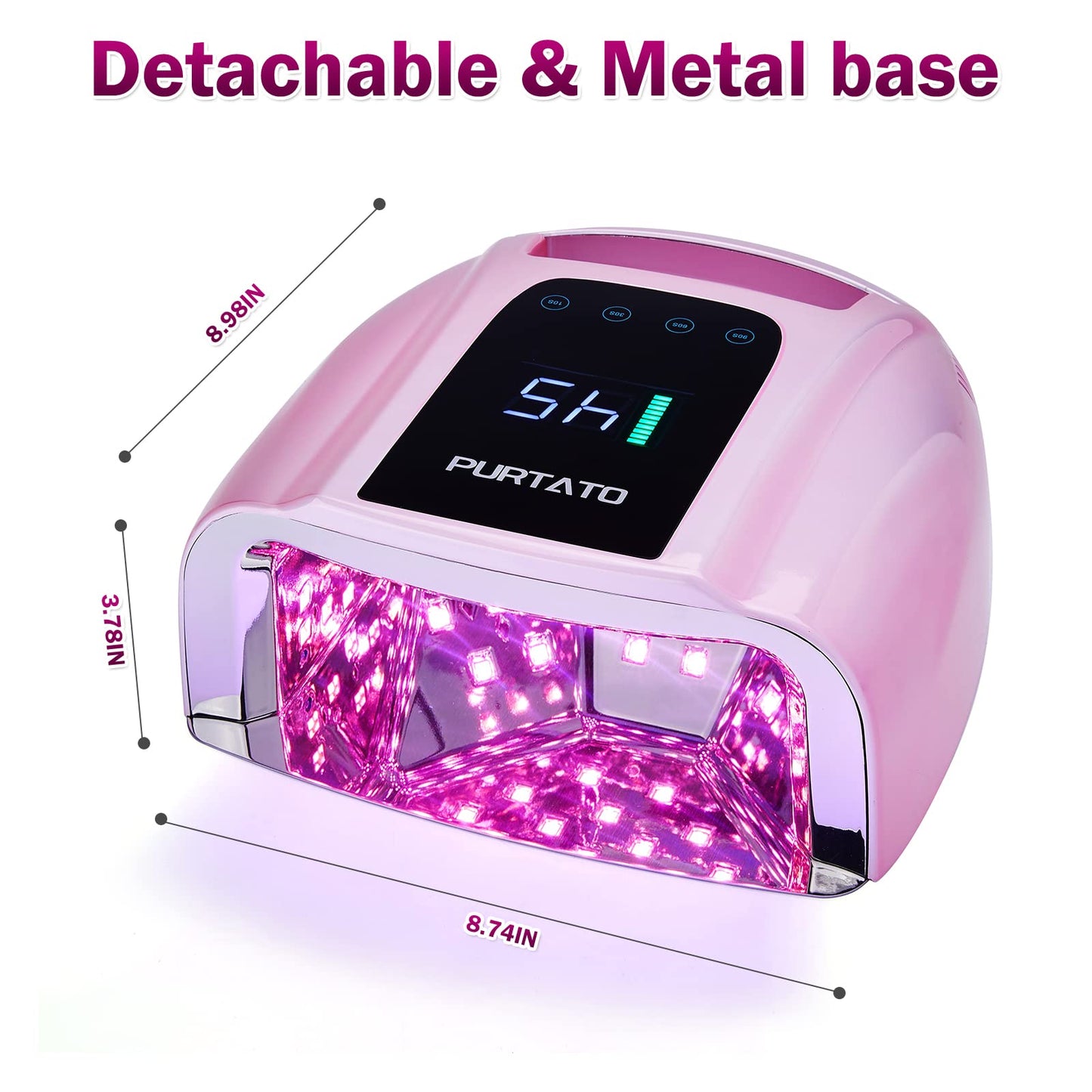 PURTATO Professional Rechargeable 96W UV LED Portable Cordless UV Light for Nail Lamp Machine with Removable Stainless Steel Bottom,4 Timer Setting and Smart Sensor Nail Dryer (Plating Pink)