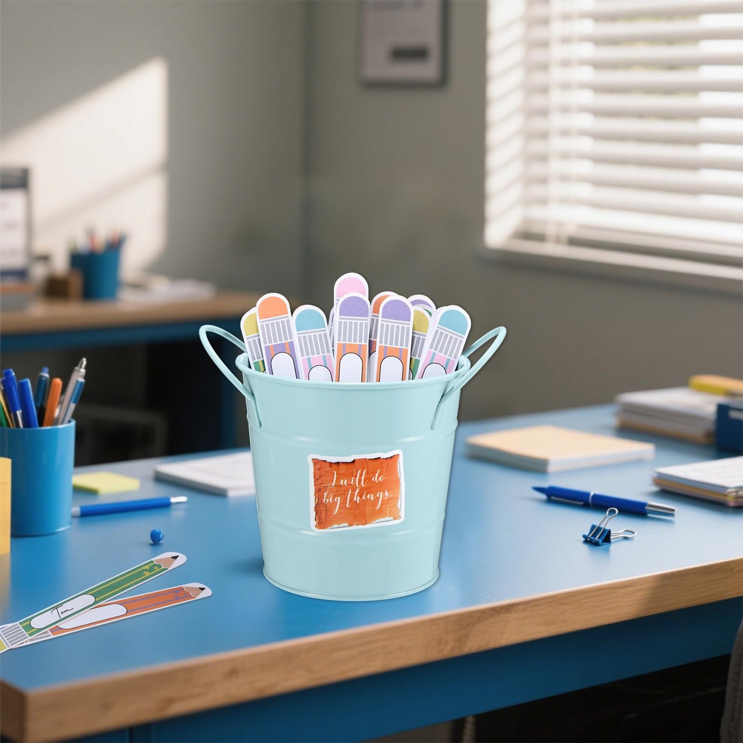 Pencil Flip Name Sticks with Box and Sticker Customized Wooden Stick Stickers Flip Name Sticks for Classroom Management Teacher Essentials Student Educational and Learning Activities,Blue