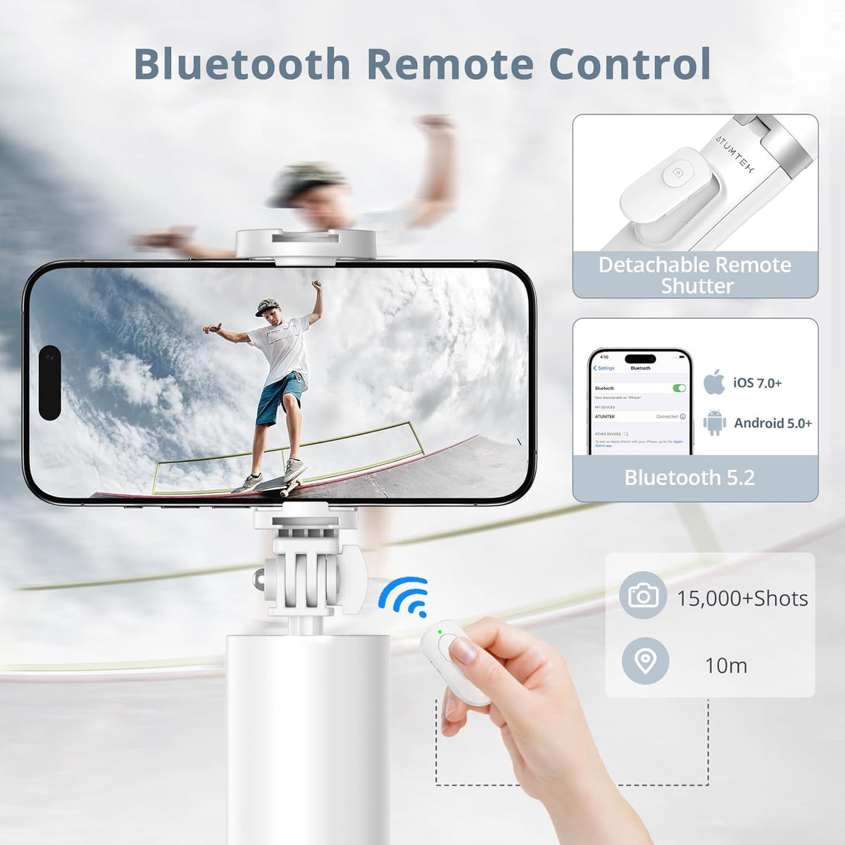 ATUMTEK 63" Phone Tripod, Extendable Selfie Stick Tripod with Bluetooth Remote, All-in-One Aluminum with Cold Shoe Mount for GoPro, 4"-7" iPhone and Android Smartphones, White