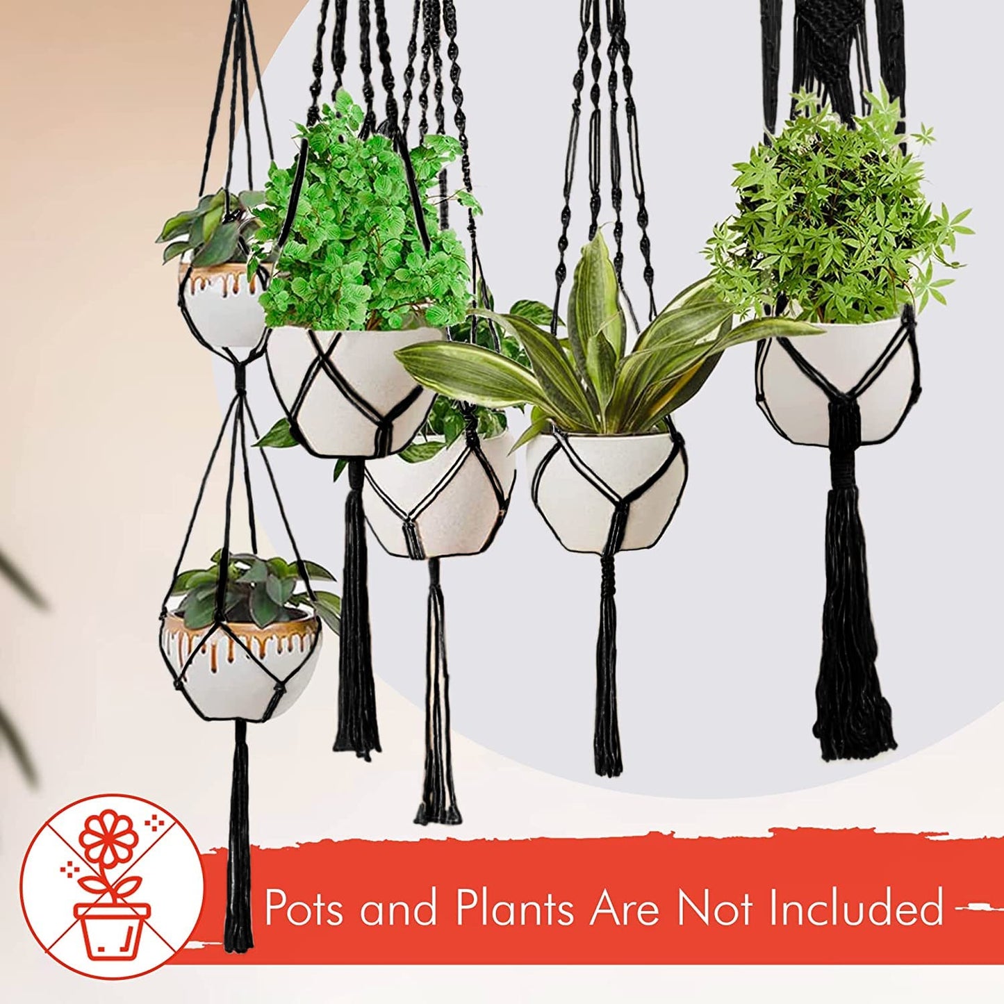 Feedee Macrame Plant Hangers - 6 Pack, Black, Indoor/Outdoor, Cotton