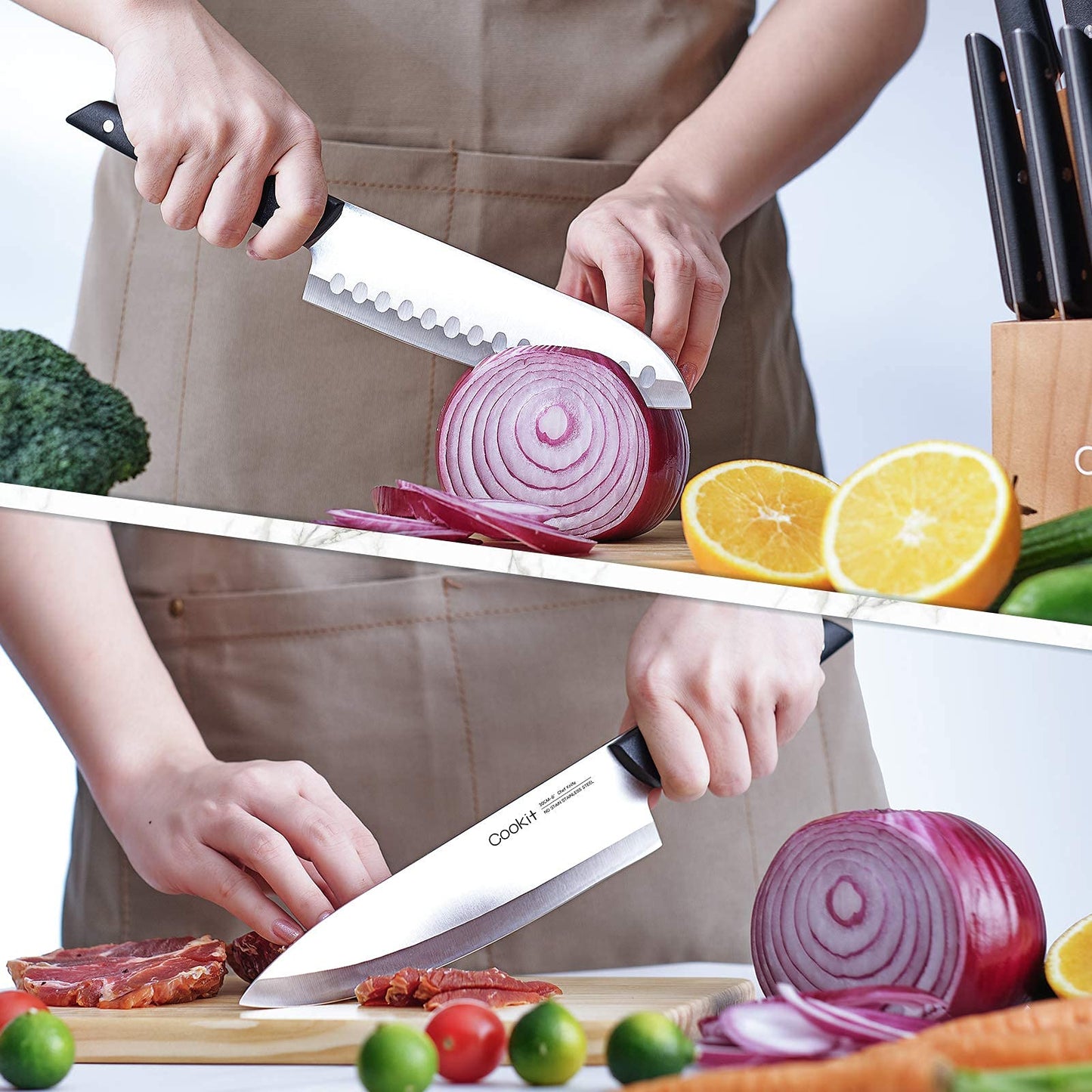 Knife Set with Block, Cookit 15 Pieces Kitchen Knife Set with Pine Block Holder, Knife Block Set with Sharpener, High Stainless Steel Knives with Comfortable-Grip ABS Handles