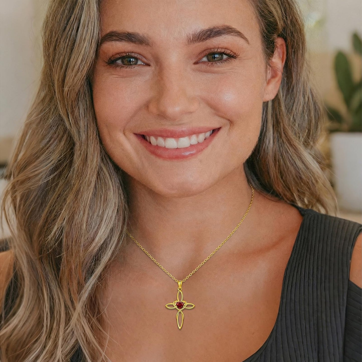POIUY Celtic Knot Cross Birthstone Necklace for Women 14K Gold Irish Infinity Heart Pendant Cross Jewelry Anniversary Baptism Faith Valentines Birthday Mothers Day Gifts for Mom Wife Her