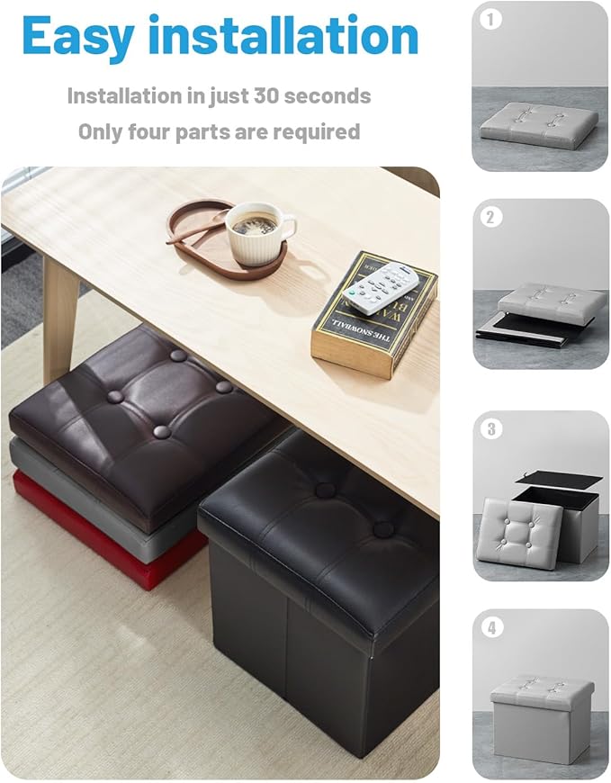 AmasSmile Storage Ottoman Folding Foot Rest Stool, Leather Footstool Bench, Short Ottoman Stool, Storage Foot Rest Store, Books (Grey, 17" D x 13" W x 13" H)