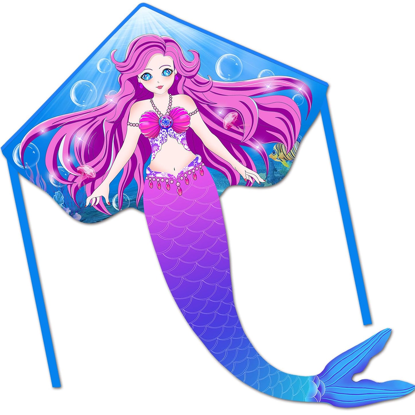 HONBO Large Mermaid Kite for Kids & Adults, Easy to Fly Delta Kite,Beginner Kite for Girls &Boys, Beginner Kite for Kids Ages 4-8(Blue)