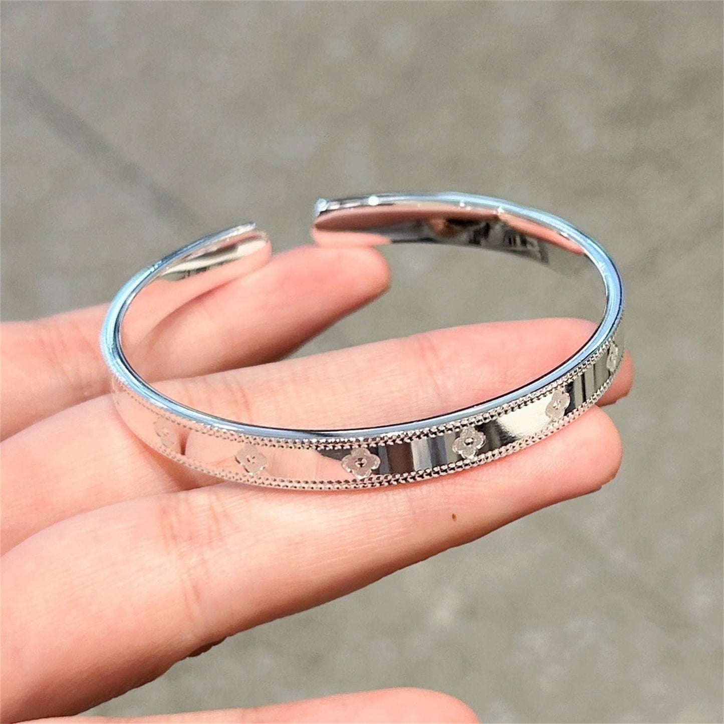 Baoaichi Sterling Silver Bangle Bracelets For Women - Four Leaf Clover Bangles - Lucky Band - High-Polish - Adjustable Cuff - Stackable Wrap - Gift