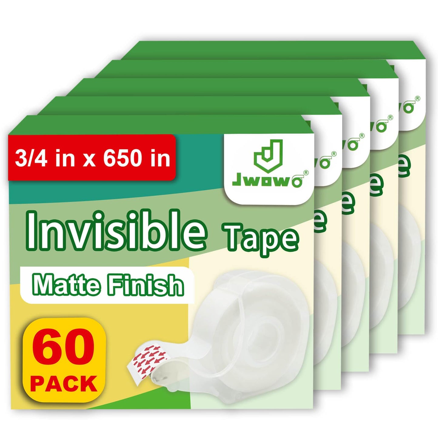 JWOWO Invisible Tape with Refillable Tape Dispenser, Holiday Supplies and Gift Wrap Tape, Great for Christmas Crafts, Matte Finish, 3/4 in x 650 in 60 Pack