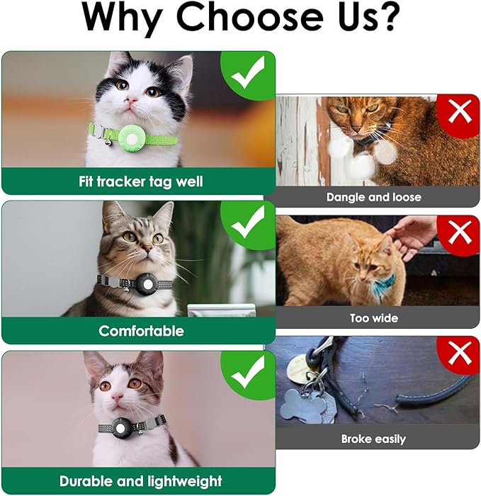 ZFSJTAG GPS Tracker for Cats, Cat Tracker Collar with Safety Elastic Buckle, Compatible with Apple Find My App (Only iOS), No Monthly Fee, Waterproof (White Tracker, Green Cat Collar)