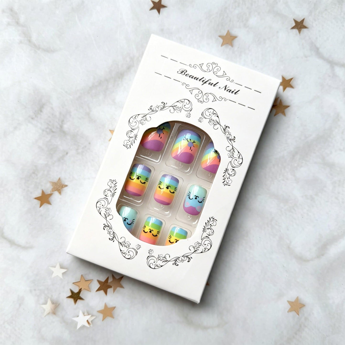 Short Press on Nails Cute Cat Fake Nails with Rainbow Stripes Design Square Shape Acrylic Nails Spring Summer Glue on Nails Glossy False Nails Holiday Full Cover Stick on Nails for Women Manicure