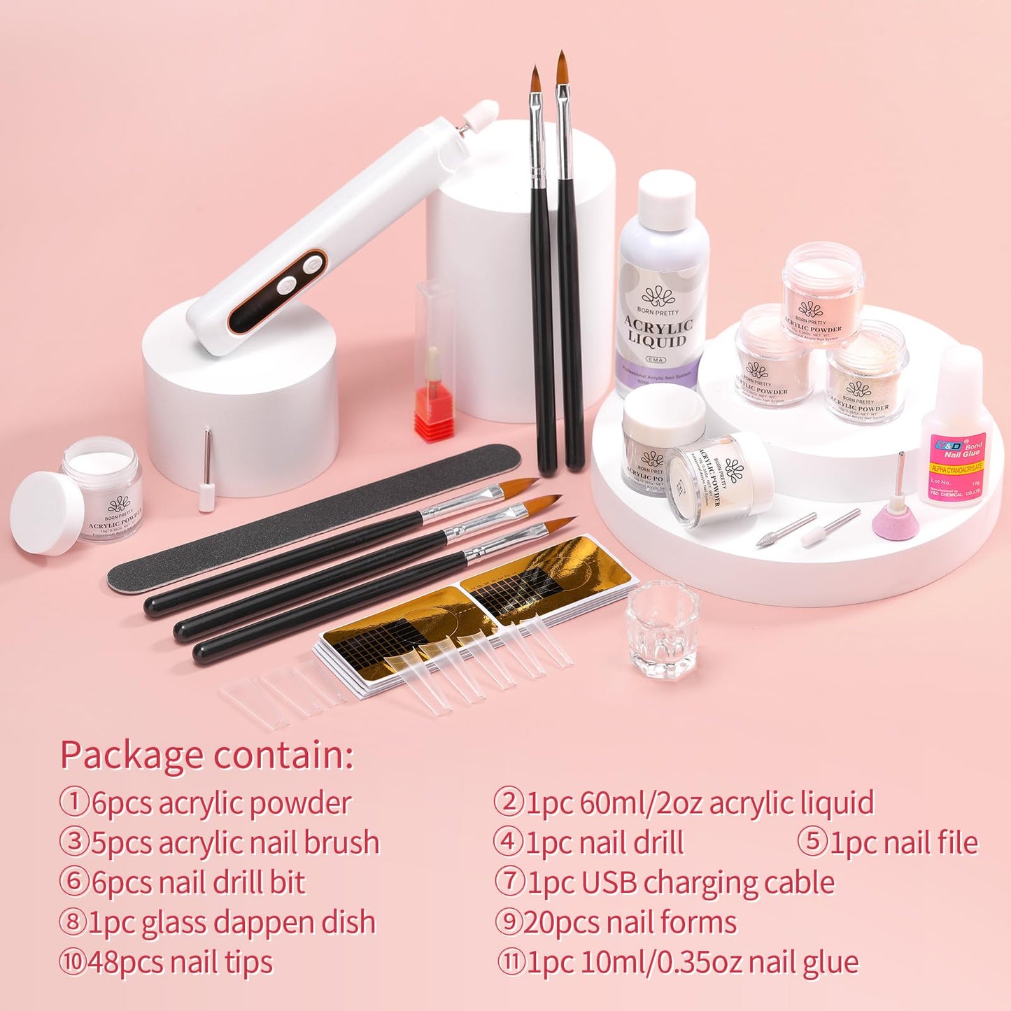 BORN PRETTY Acrylic Nail Kit with Drill - 92Pcs Acrylic Pwoder Set for Beginners With Everything Powder and Liquid Set for Nail Supplies Art Decoration Tools DIY Salon at Home