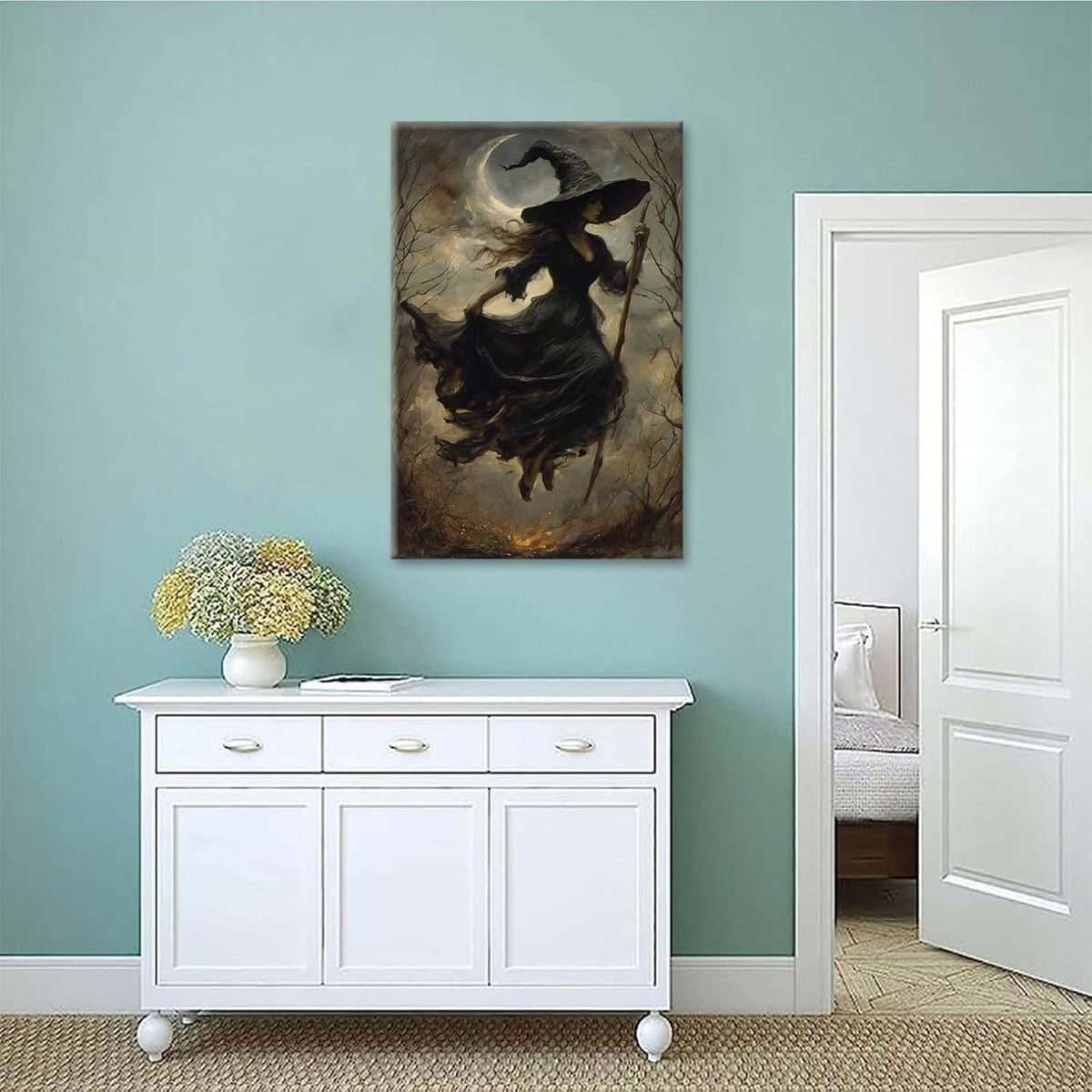 JFHCQJPK Witch in the Forest Halloween Print Wall Art Poster Witch Decor Vintage Print Dark College Wall Art Victorian Gothic Room Decor Canvas Wall Print8x12in Frameless