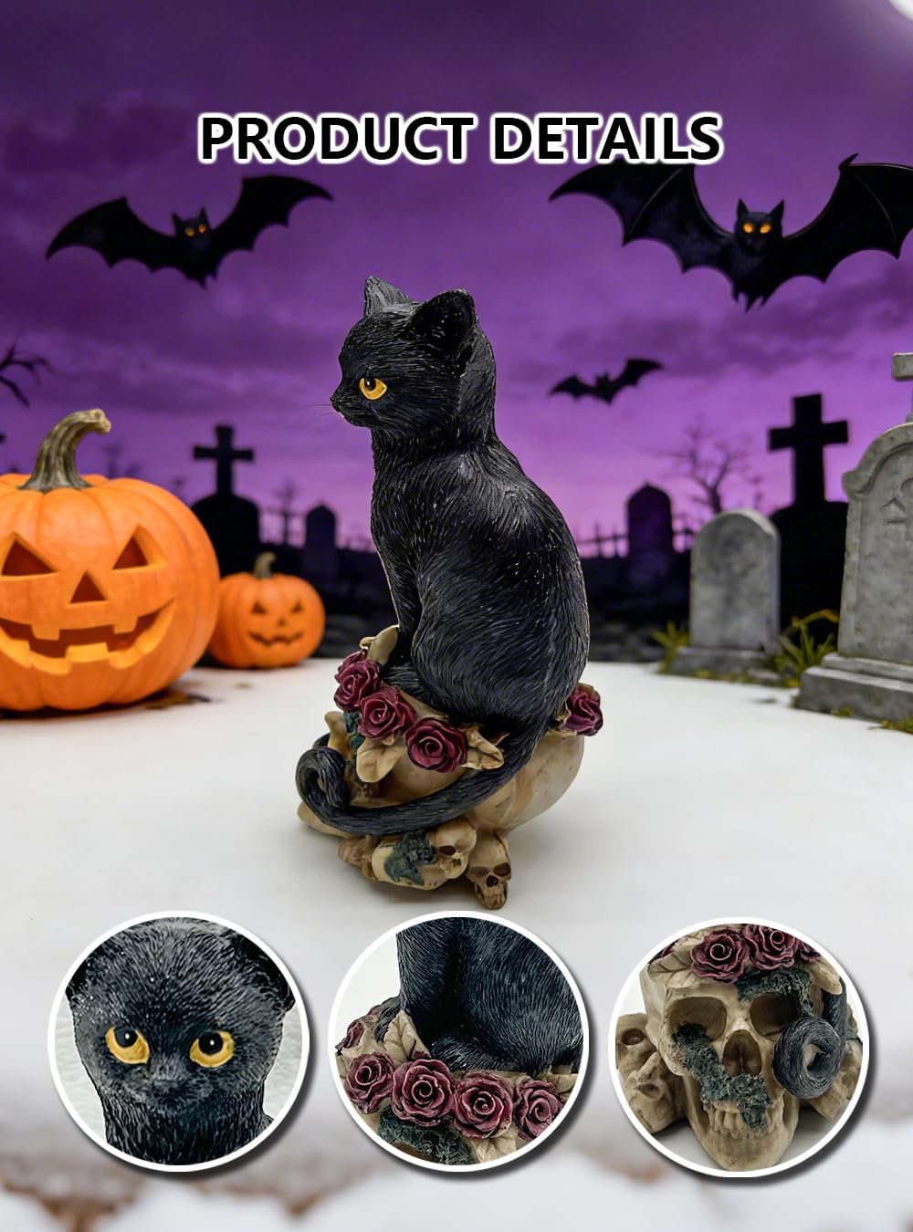 Coyoohouse Gothic Raven on Skull Statue, Dark Mysterious Resin Ornament, Spooky Crow Figurine for Halloween Home Decor, Desktop Gift for Skull Lovers on Birthday & Holiday (Cat)