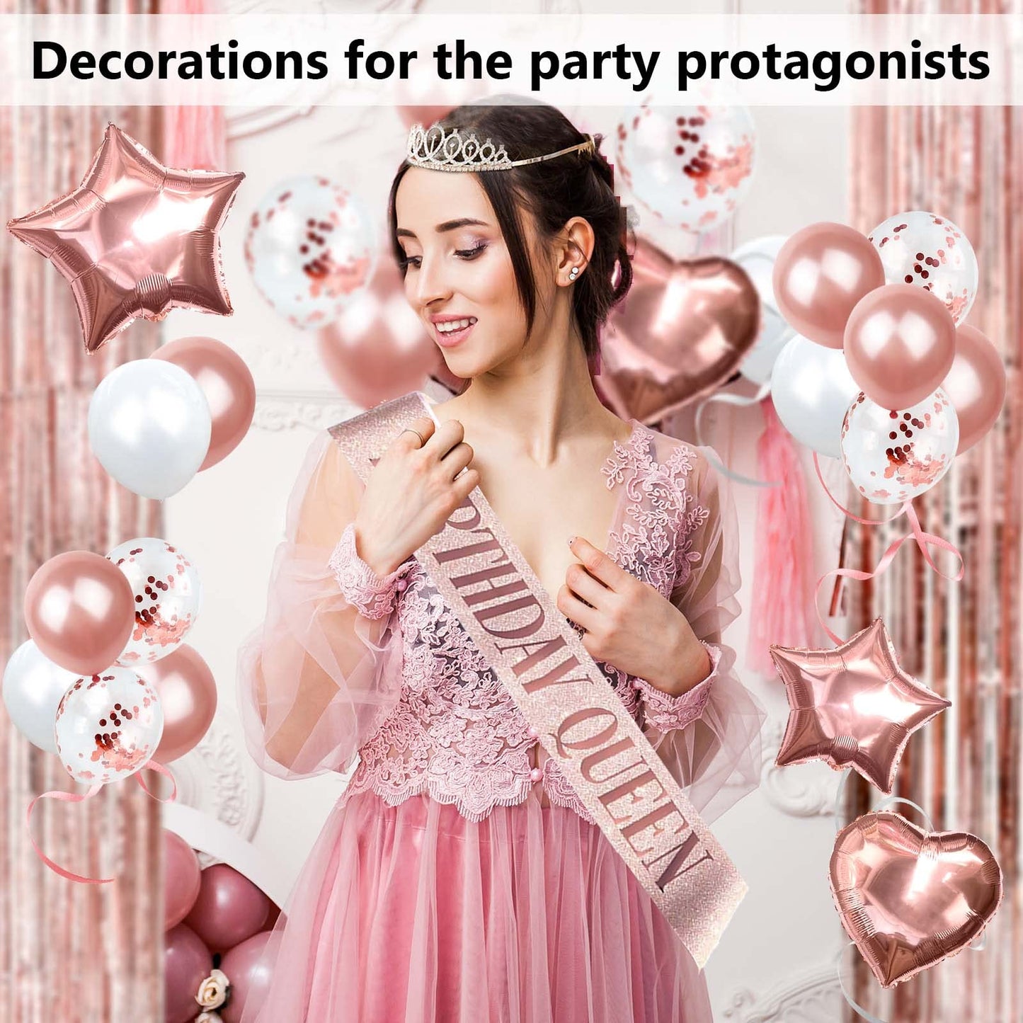 Party spot! 253 Pcs Birthday Decorations For Women, Rose Gold Party Decorations, Happy Birthday Decorations - Balloon Stand Kit, Tableware Kit,Pump, Banner, Tassel Curtain,Balloon, For 25 Guests
