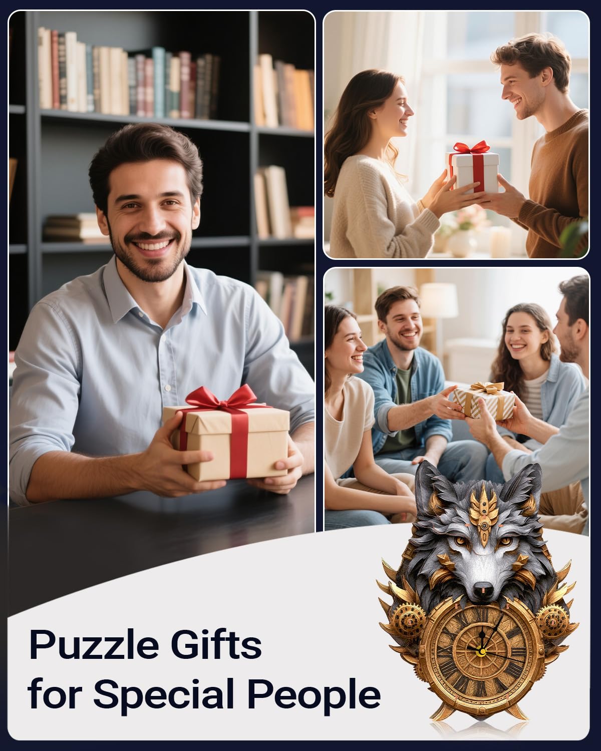 Rnfinewow 3D Puzzles for Adults, Gray Wolf DIY Clock Kit with Pendulum, Beginner 3D Wooden Puzzles Model Kit Crafts for Home Wall Decor Hobbies Birthday Christmas Day Gift