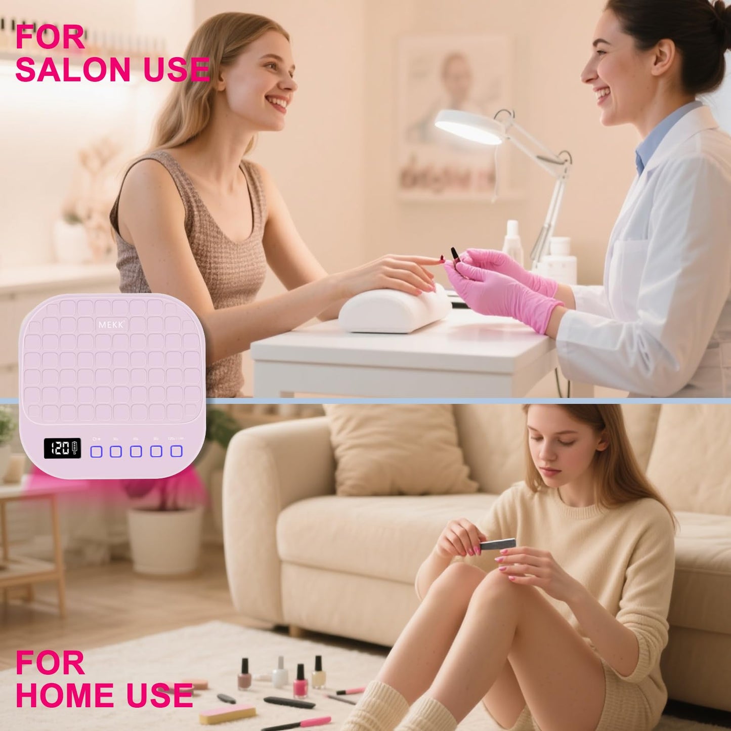 MEKK Cordless UV LED Nail Lamp, 54W UV Light for Gel Nails with Hand-Friendly Red Light, Auto Sensor Professional Flash Cure Lamp with Rotatable LCD Display for Salon and Home, Checkered Design, Pink