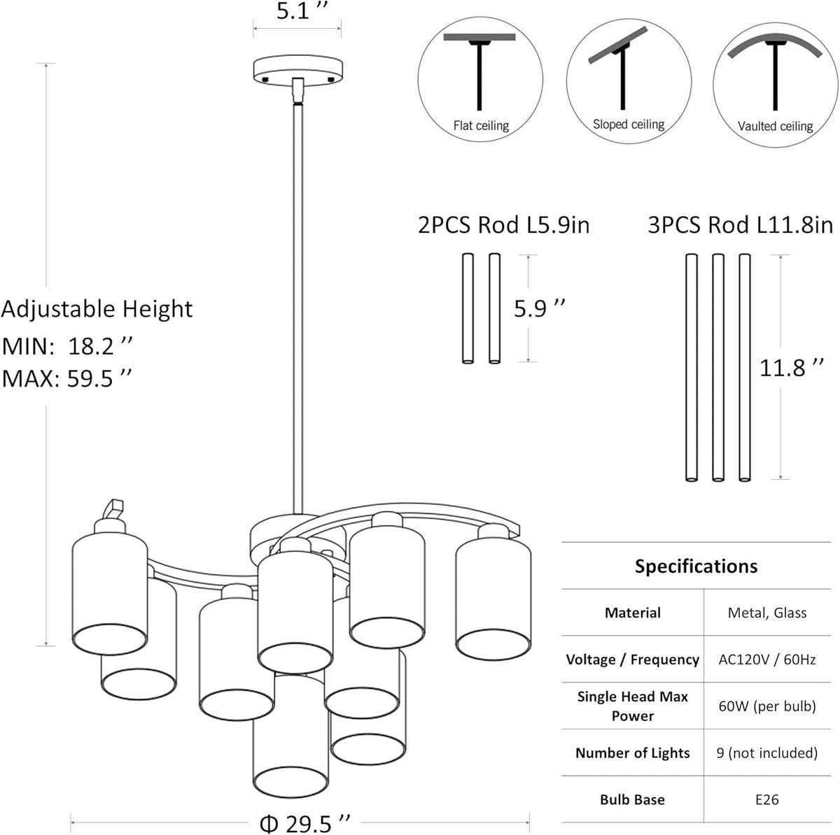 9-Light Brushed Nickel Glass Chandelier, Adjustable Height Hanging Industrial Dining Room Chandelier Over Table, Modern Farmhouse Chandelier for Kitchen Island Living Room Entryway Bedroom