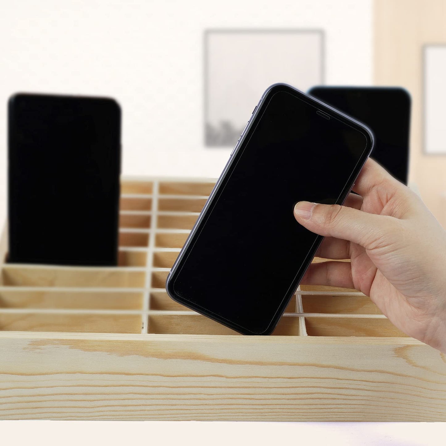 Ozzptuu 36-Grid Wooden Cell Phone Holder Desktop Organizer Storage Box for Classroom Office (36-Grid)