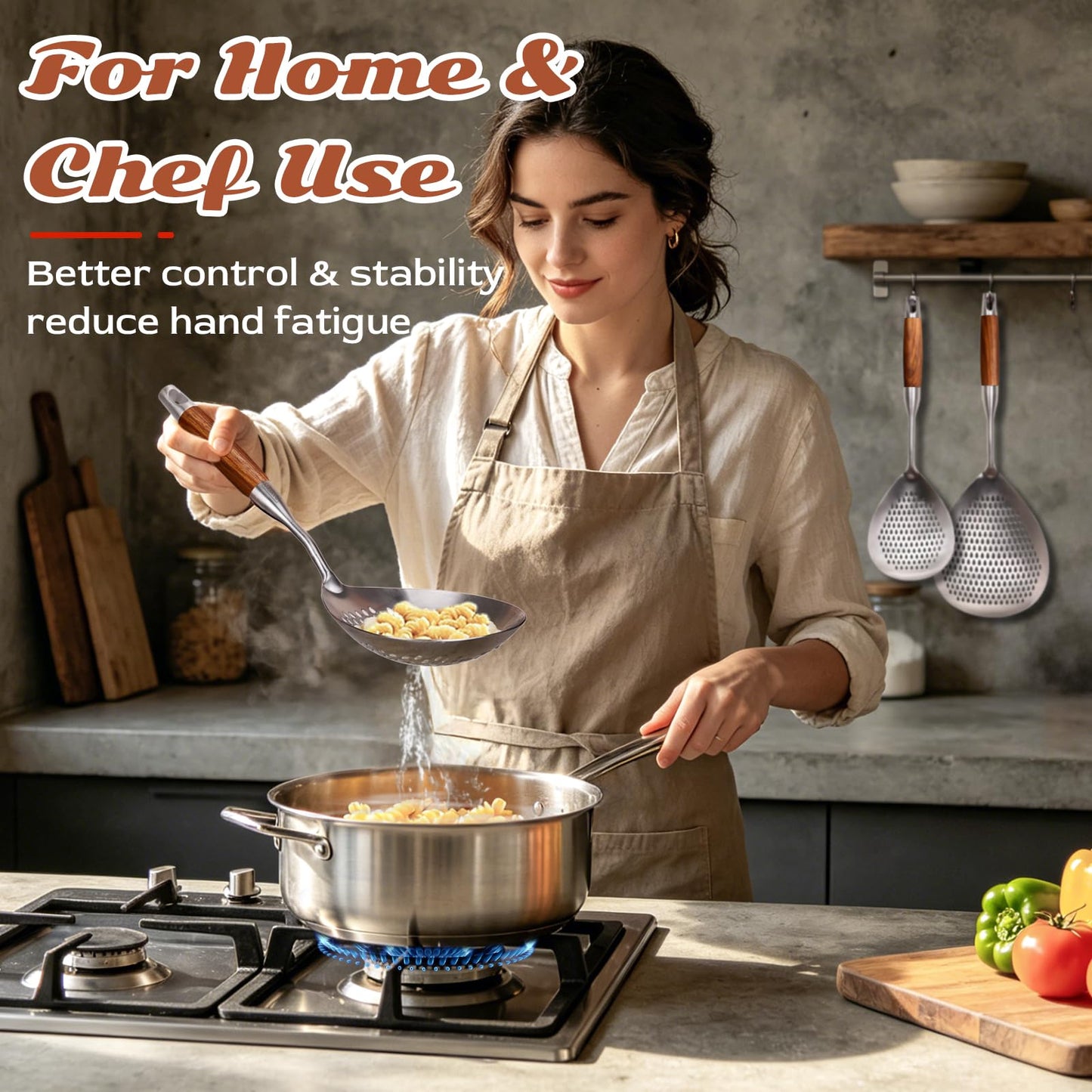 MARTE Skimmer Slotted Spoon,304 Stainless Steel Pasta Spider Strainer Ladle for Frying and Cooking,Kitchen Colanders & Food Strainers Set of 2,Slotted Spoon with Heat-Resistant Solid Wood Handle