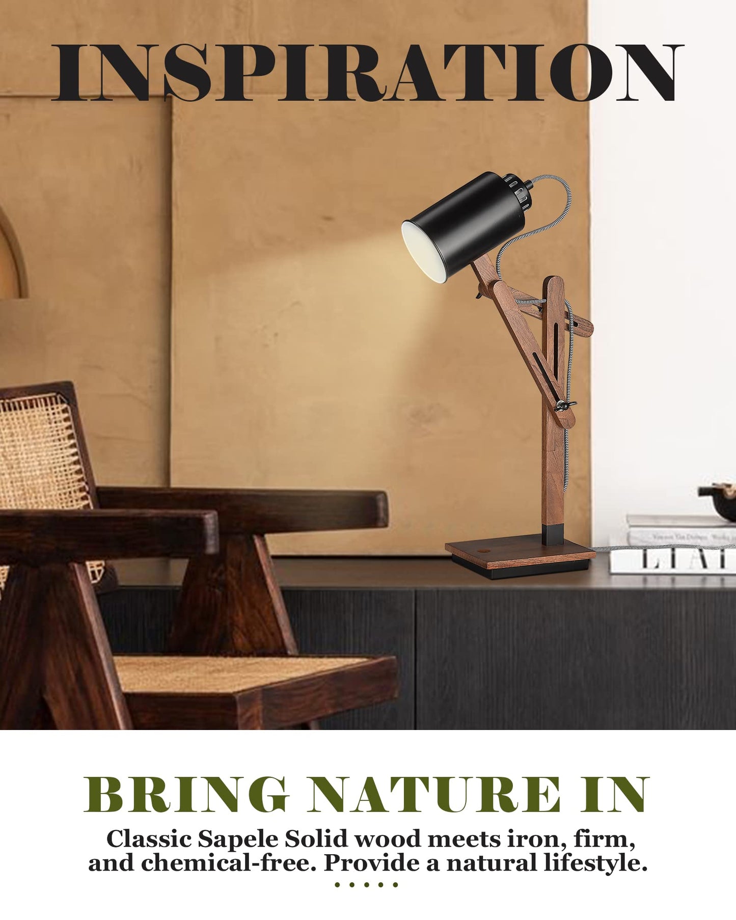 ELYONA Touch Control Desk Lamp with Wireless Charging & USB Port, Sapele Wood Reading Task Light,Adjustable, Swing Arm Table Lamp for Bedroom, Study Work, Office, Dorm, LED Bulb Included, Black