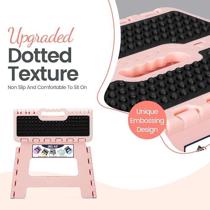 Delxo Folding Step Stool 9 Inch,Non-Slip Foldable Stools for Kids & Adults Up to 300 LBS,Kitchen Collapsible Fold Up Stepping Stool with Dotted 1 Pack,Pink