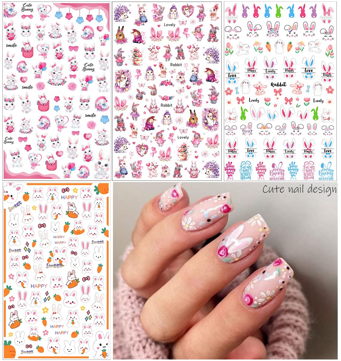 8 Sheets Easter Rabbit Nail Art Stickers Decals,3D Self-Adhesive Nail Art Accessories Cartoons, Rabbits, Animals, Hearts, Flowers,Designs Sticker Lovely Retro Rabbit Manicure DIY Nail Decorations