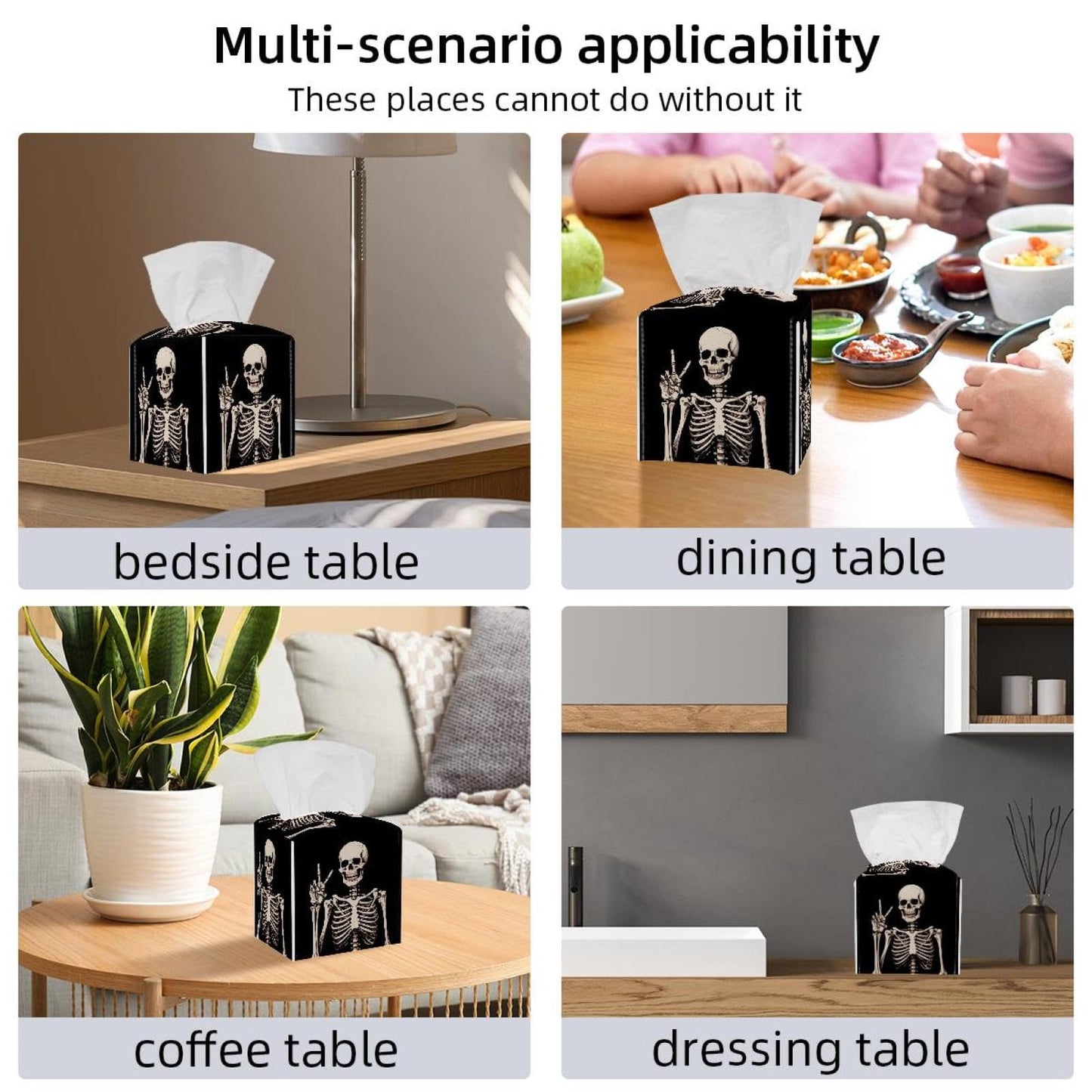 Human Skeleton Tissue Box Cover Square Tissue Box Holder Waterproof Leather Facial Paper Organizer Dispenser for Bathroom Home Car Nightstand Vanity Desk