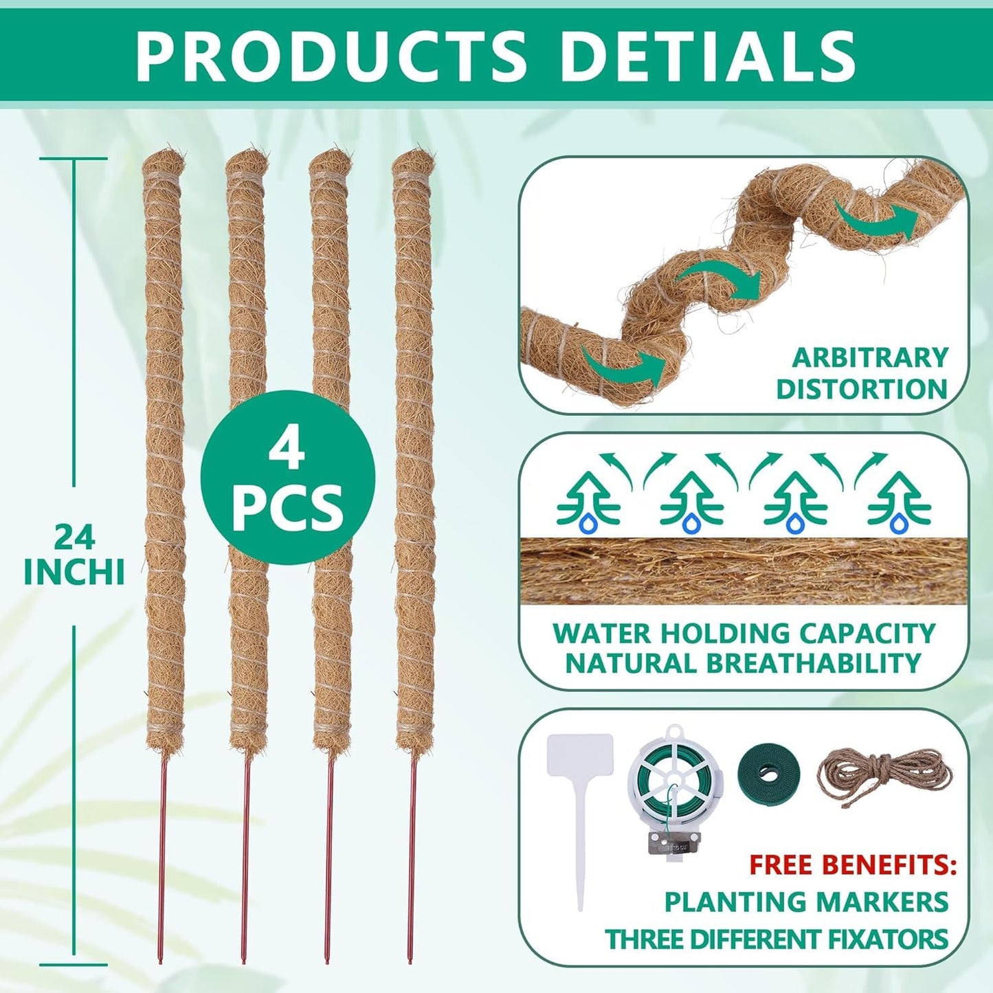 AlisisFores 4 Pcs Bendable Moss Pole for Monstera Plant Support,24 Inch Handmade Coir Pole Stick for Climbing Plants Indoor Plant Stakes for Potted Plants to Grow Upwards