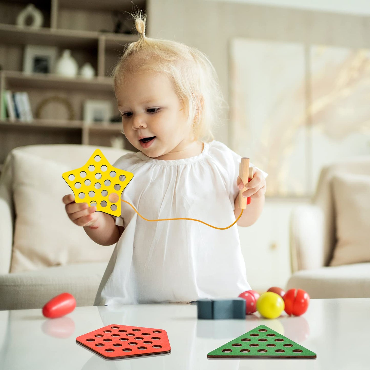 6 Pcs Lacing Toy Toddlers, Geometric Wooden Threading Toys, Educational and Learning Montessori Activity Baby and Kids, Fine Motor Skill Toys