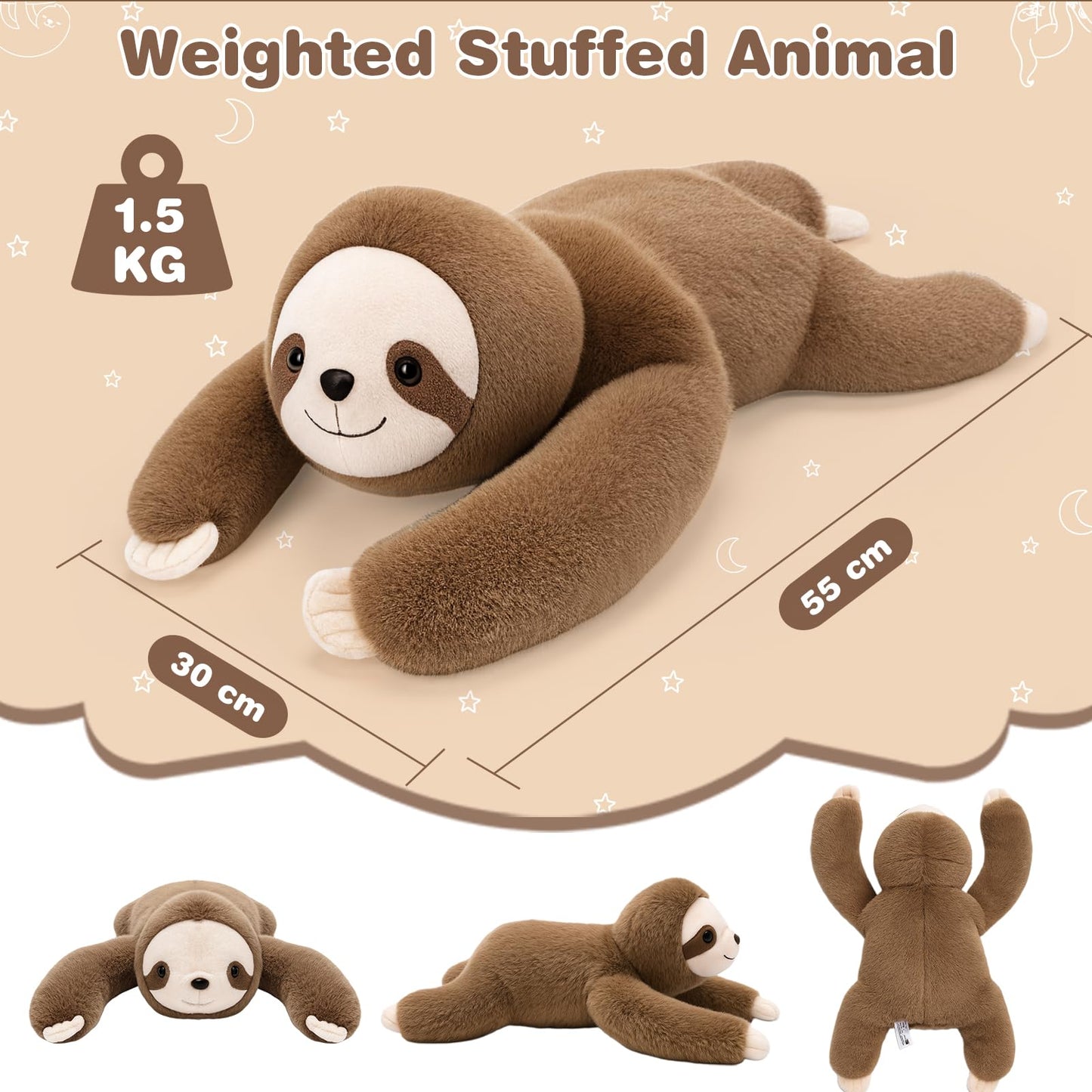 Joyreal Sloth Sensory Weighted Vibrating Pillow, Pressure Activated for Kids Adults, Plush Minky Soft Size: 11 by 21 inches Pillow Animal for Gift Birthday