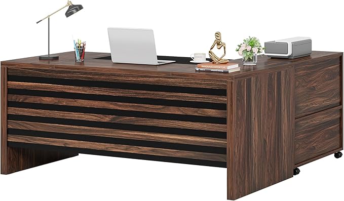 Tribesigns 62.2" Executive Desk with Mobile File Cabinet, L-Shaped Office Desk with Storage Shelves, Large Computer Table Business Workstation Set for Home Office, Dark Brown