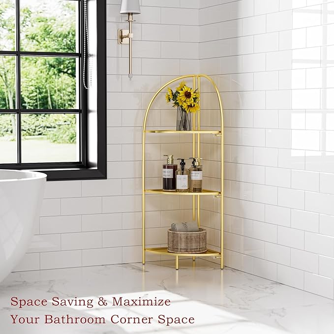Crofy Foldable 3 Tier Corner Shelf, Metal Corner Plant Stand with Gold Frame and Gold Shelves, Corner Display Rack Multipurpose Shelving Unit for Living Room, Bedroom, Bathroom