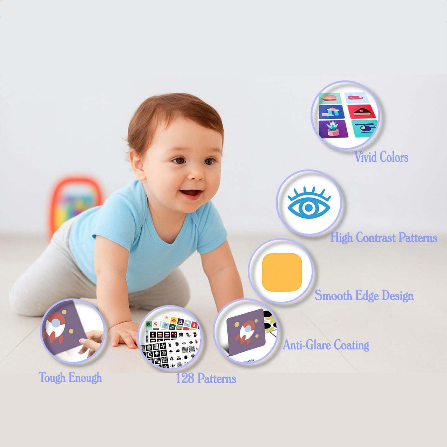 Baby Visual Stimulus Cards, Black White Red Pattern, High Contrast Flash Cards, 128 Designs, Anti-Glare Coating, 0-36 Months Development, Smooth Edge Design
