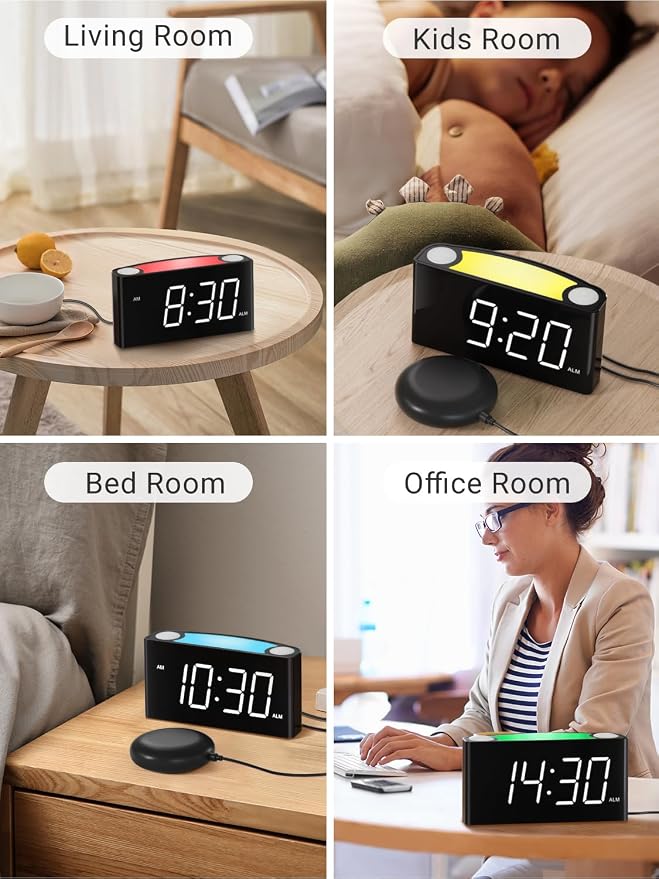 Vibrating Alarm Clock for Heavy Sleepers – Loud Alarm with Bed Shaker, 3 Wake Modes, Large 7.5” Display, 5-Level Dimmer, USB & Type-C Charging, Plug-in with Battery Backup for Bedroom, Teens & Deaf