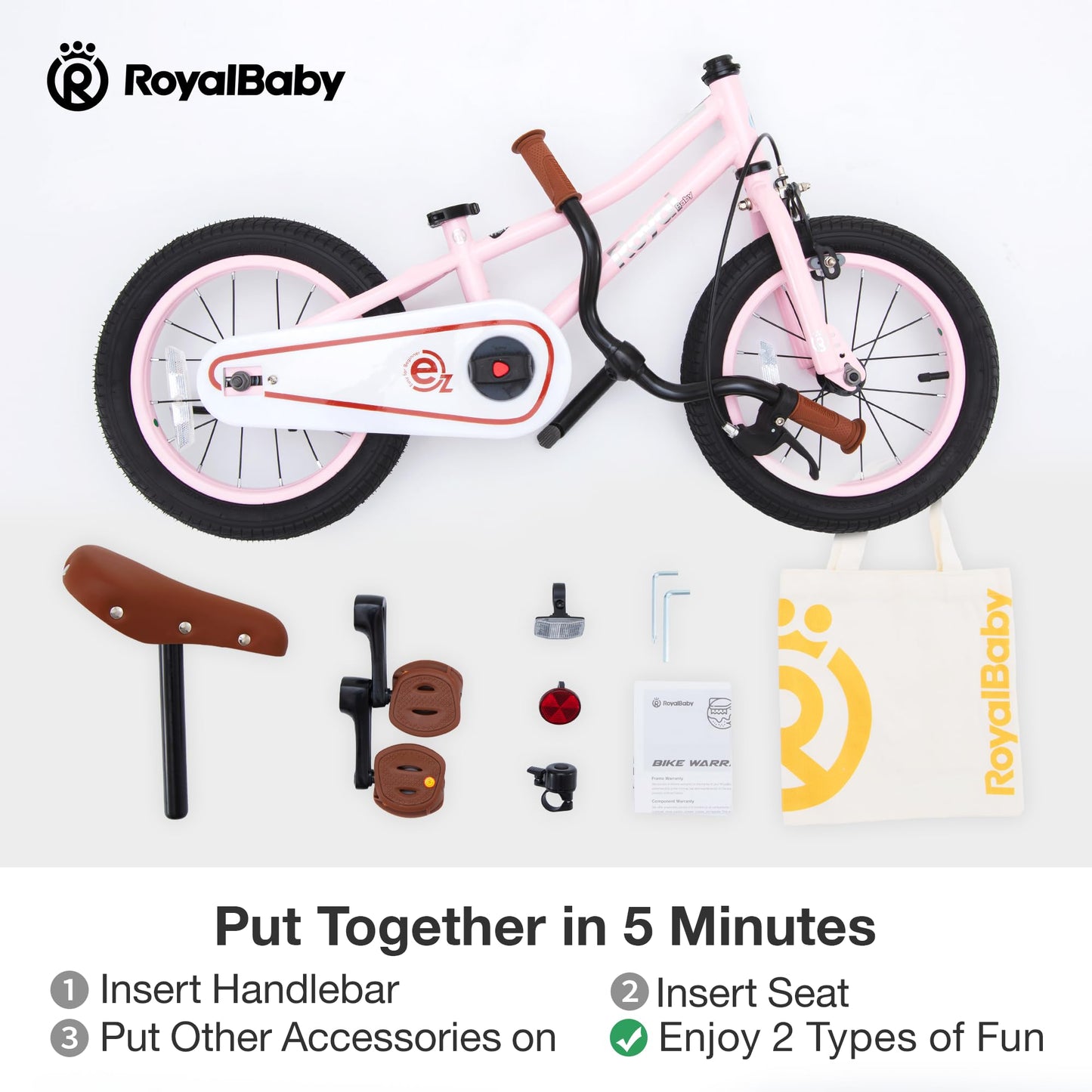 RoyalBaby Terra EZ Kids Bike, Easy Learn Balancing to Biking, 14 Inch Balance & Pedal Bicycle, Instant Assembly Toddlers Boys Girls Ages 3-6 Years, 14" Pink