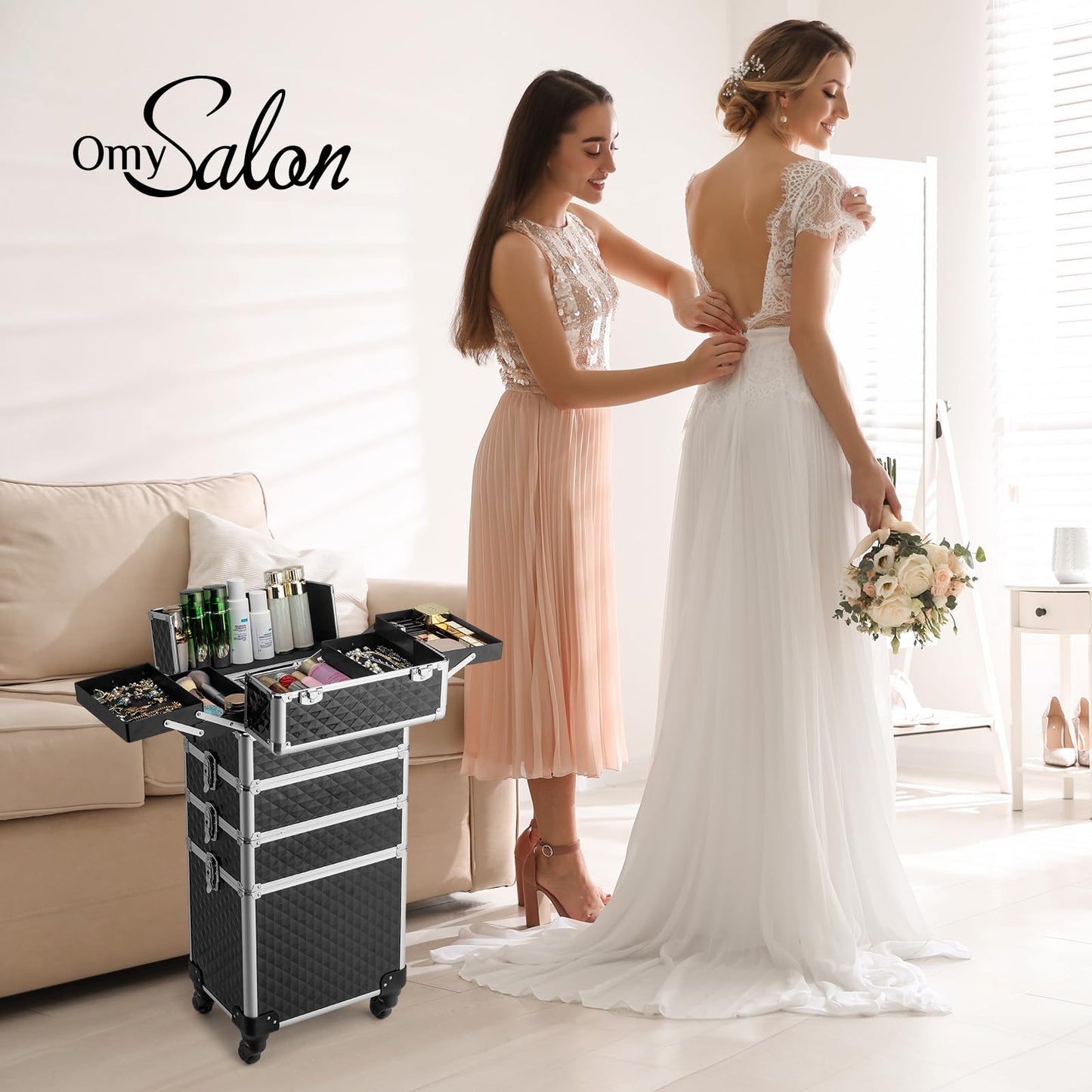 mefeir 4-in-1 Rolling Makeup Train Case Lift Handle,4 Removable Wheels Lockable Keys,Aluminum Cosmetic Trolley Beauty Stylist Artist Organizer Box,Ideal Xmas New Year Gift (Diamond Black)