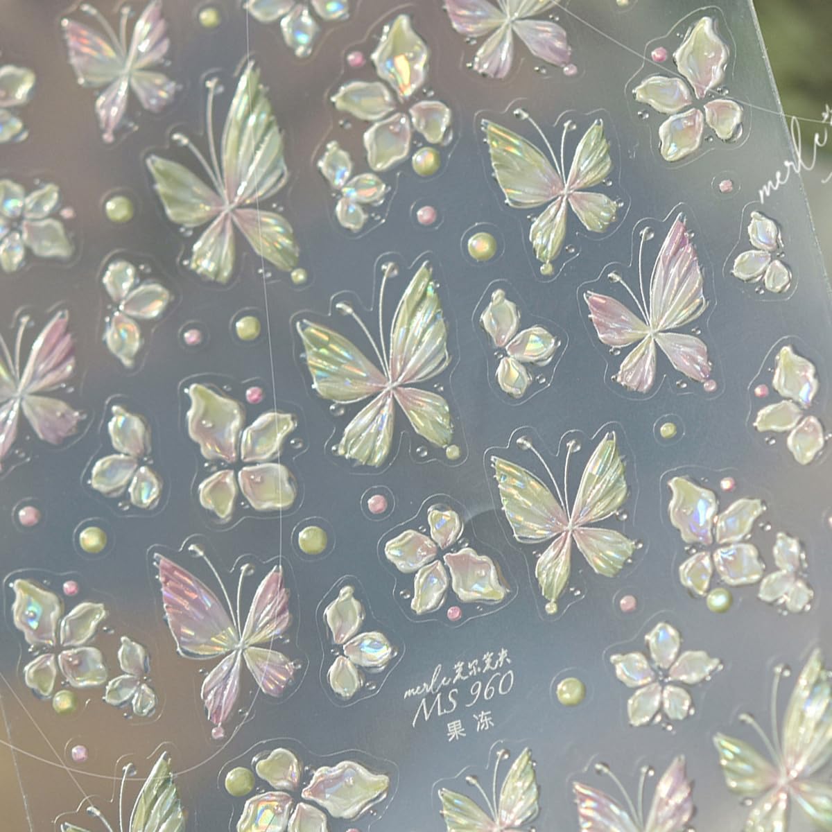 Spring Sparkly Butterfly Nail Stickers Jelly Butterfly Floral Nail Art Stickers Pink Green Gradient Design Flower Butterflies Nail Decals for Women Spring DIY Manicure Decor 1Pcs