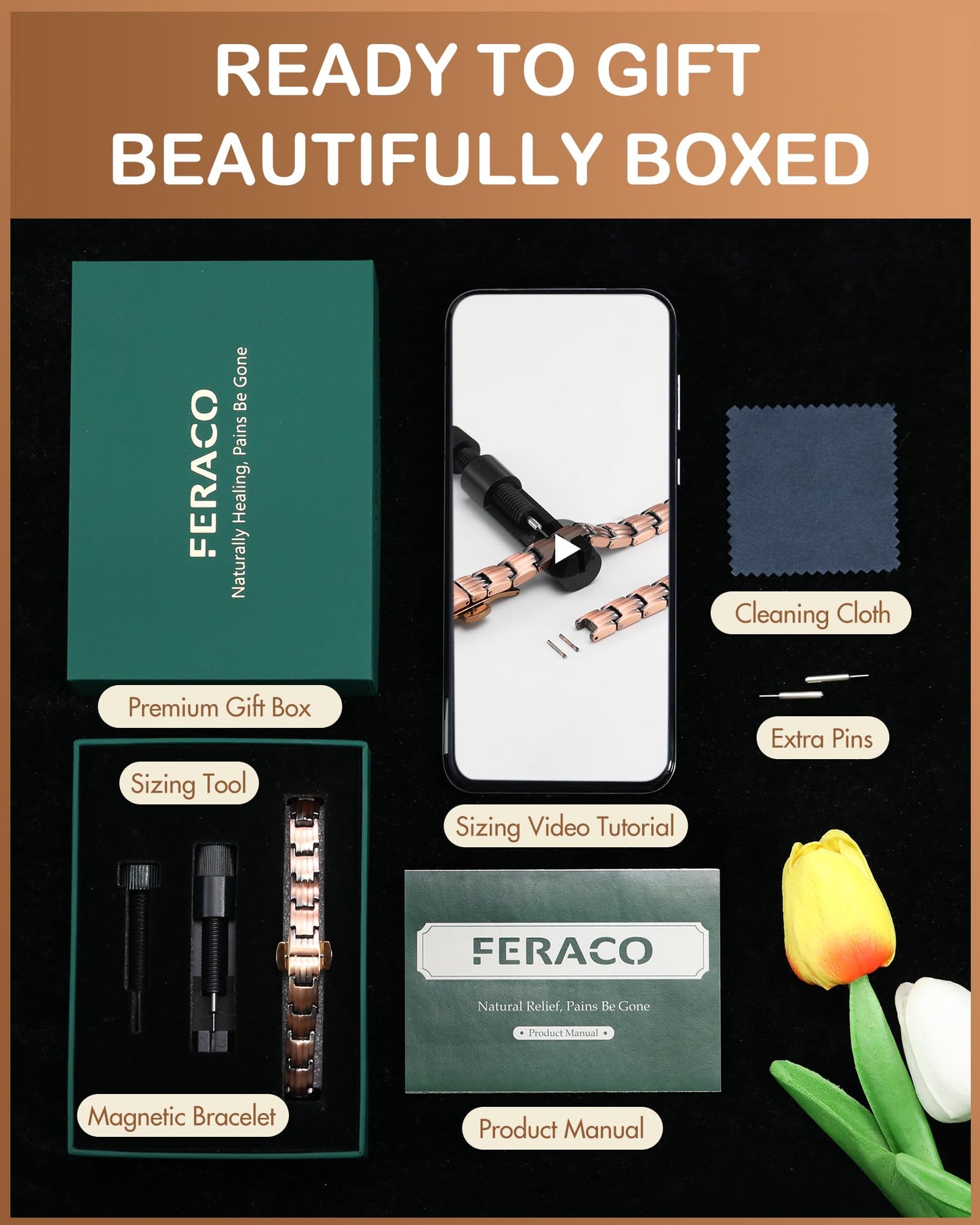 Feraco Pure Copper Bracelets for Women, 5X Ultra Strength Magnetic Bracelet with 5000 Gauss Neodymium Magnets & Upgraded Butterfly Clasp, Adjustable Jewelry Gift (Retro Style)