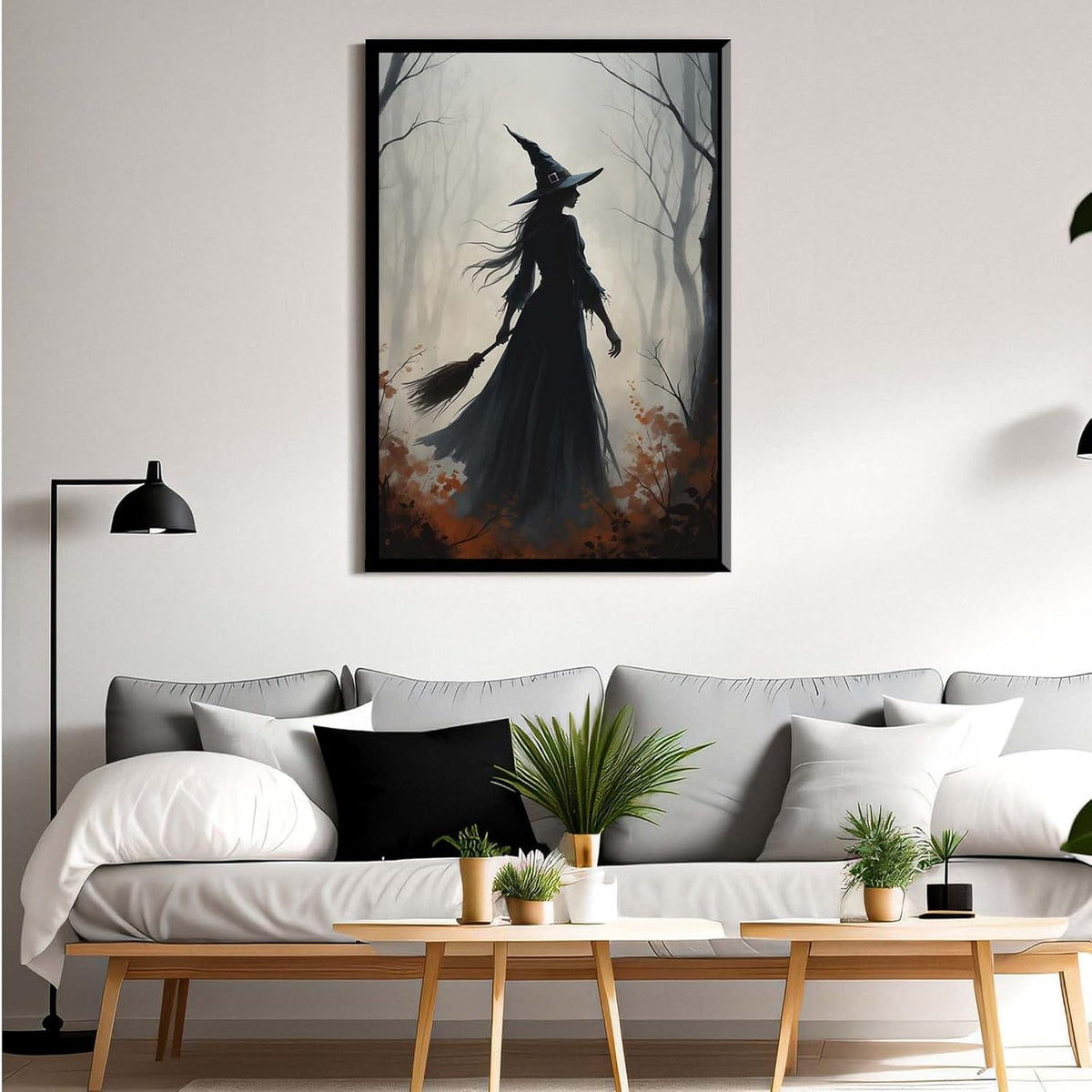 JFHCQJPK Vintage forest witch silhouette poster Halloween mural poster decoration mural art magic suitable for home living room bedroom8x12in Metal blackFramed