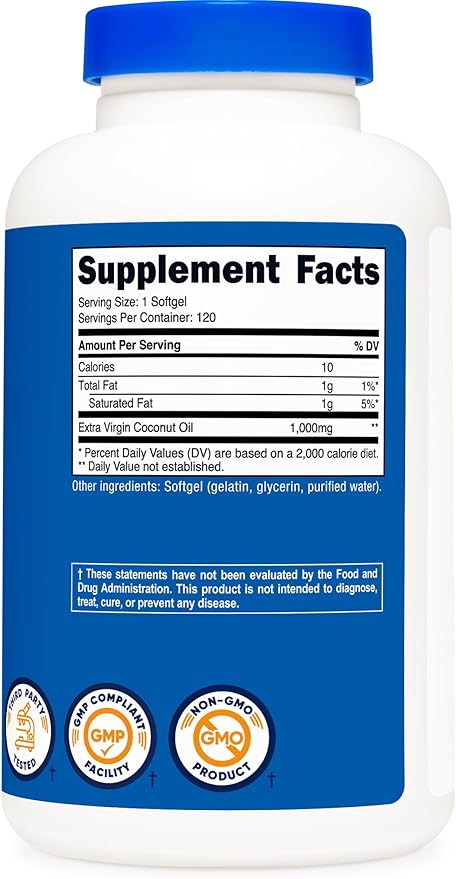 Nutricost Coconut Oil Softgels (1000mg) 120 Softgels - Extra Virgin Coconut Oil - Gluten Free and Non-GMO