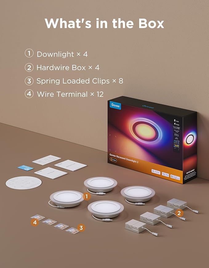 Govee Smart Recessed Lighting 6 Inch, Matter RGBIC LED Recessed Light Work with Alexa, Google Assistant, Dimmable 1100LM Canless Downlight with Junction Box for Living Room, Bedroom, Kitchen 4 Pack